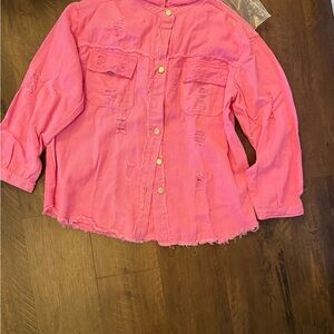 Pink Distressed Button-Up Jean jacket